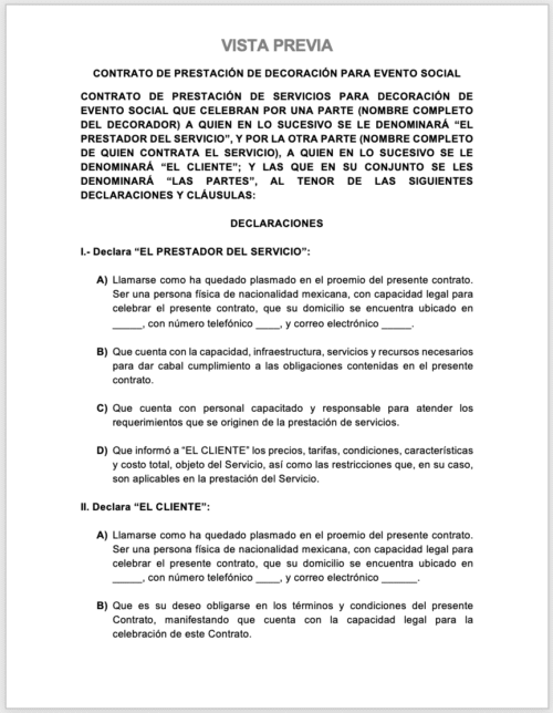 Contrato prestación de servicios de decoración de eventos